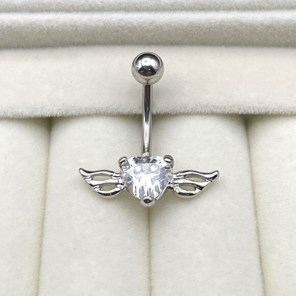 316L Stainless Steel with White Diamond Cubic Zirconia Winged Heart Belly Ring - Picture 4 of 7